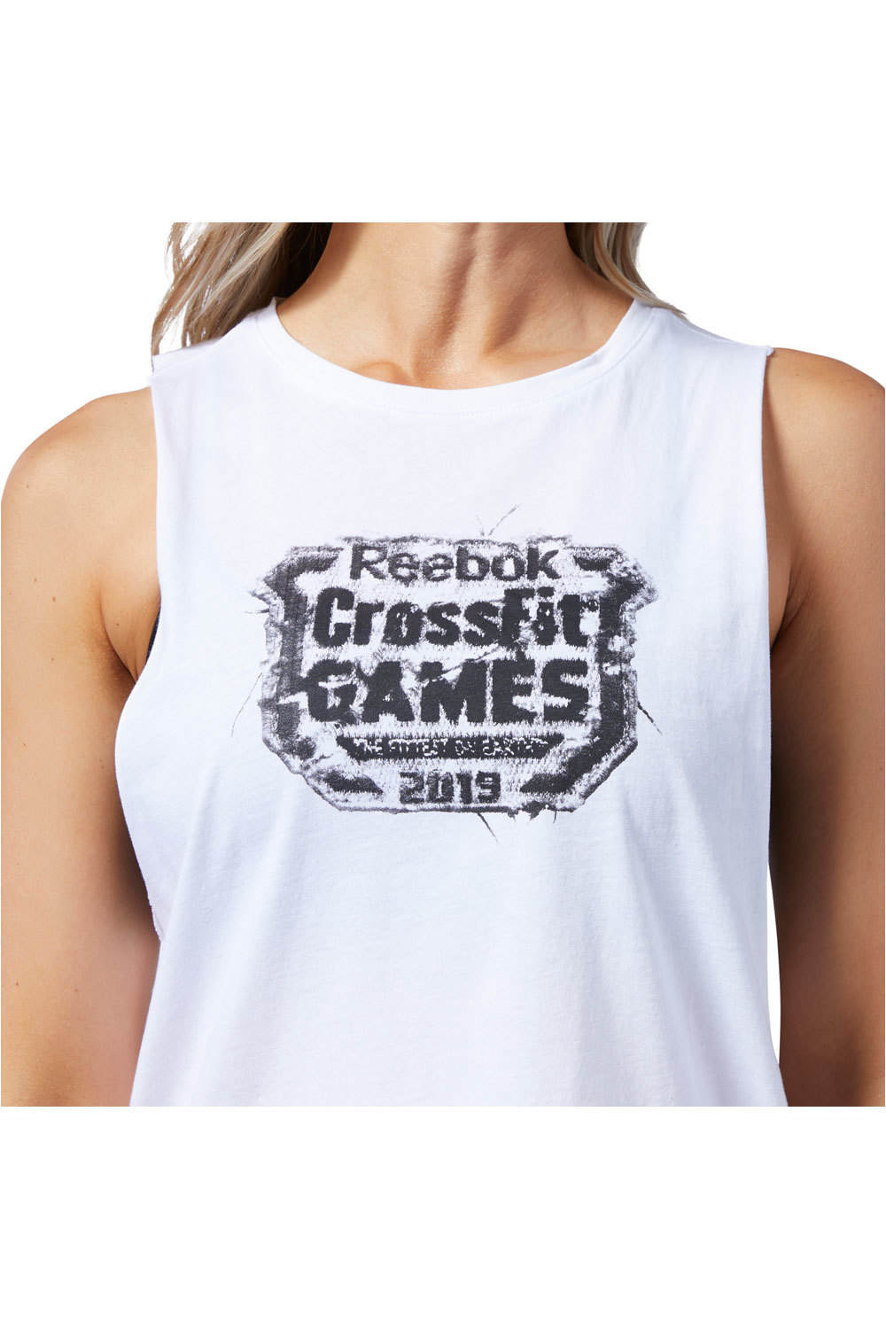 Reebok camiseta tirantes fitness mujer RC Distressed Games Crest vista detalle