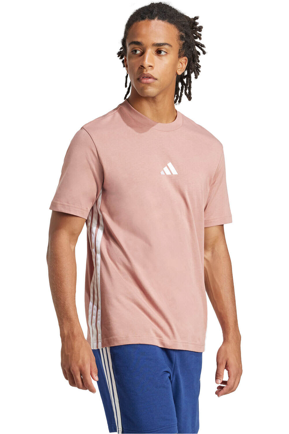 adidas camiseta manga corta hombre ESSENTIALS 3 STRIPES ROSA vista detalle