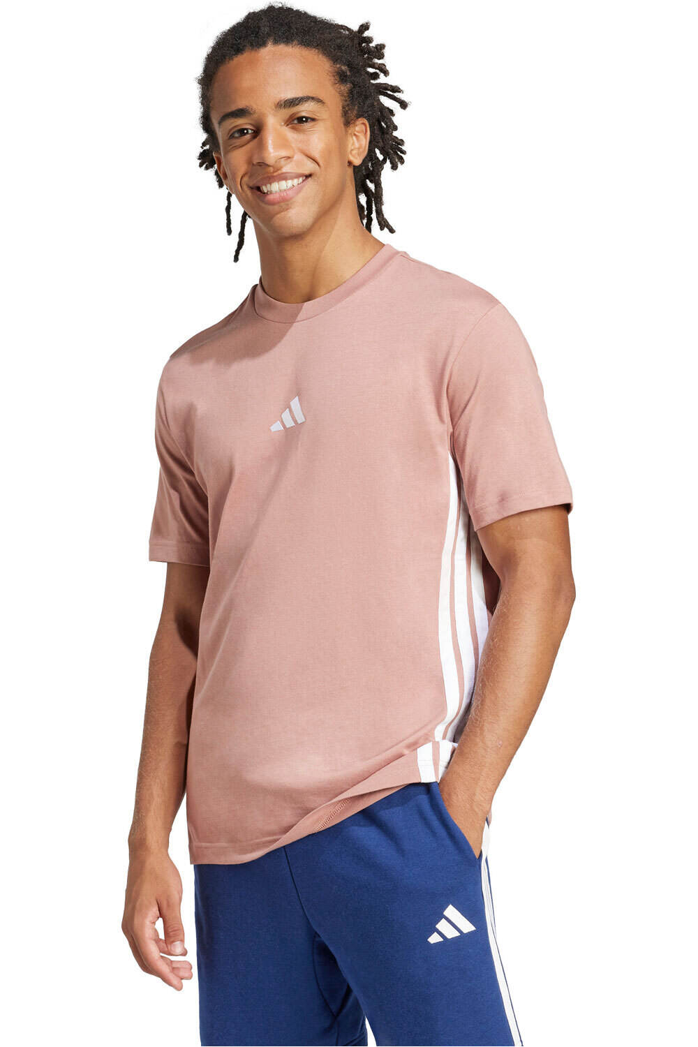 adidas camiseta manga corta hombre ESSENTIALS 3 STRIPES ROSA vista frontal