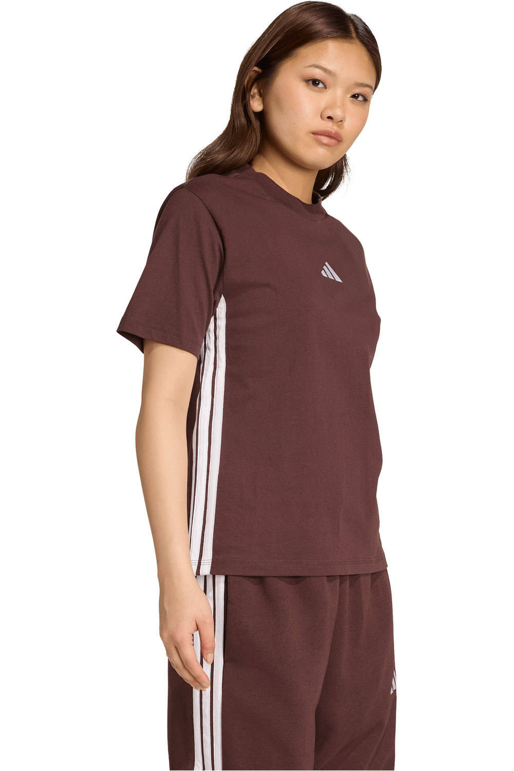 adidas camiseta manga corta mujer ESSENTIALS 3 STRIPES MARRON vista detalle
