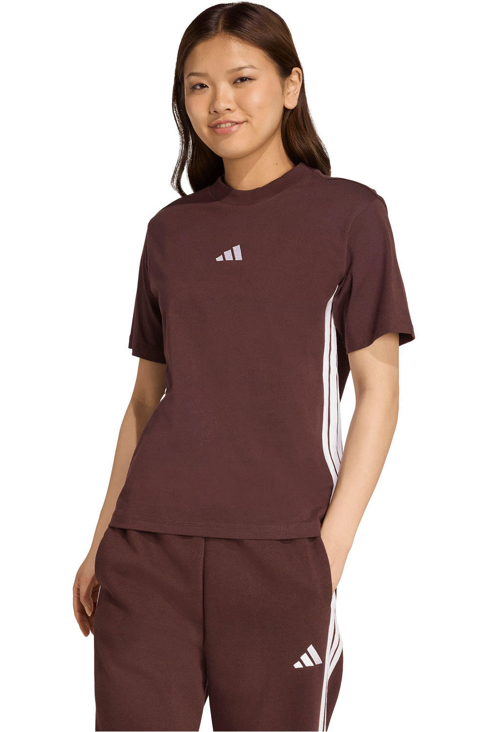 adidas camiseta manga corta mujer ESSENTIALS 3 STRIPES MARRON vista frontal