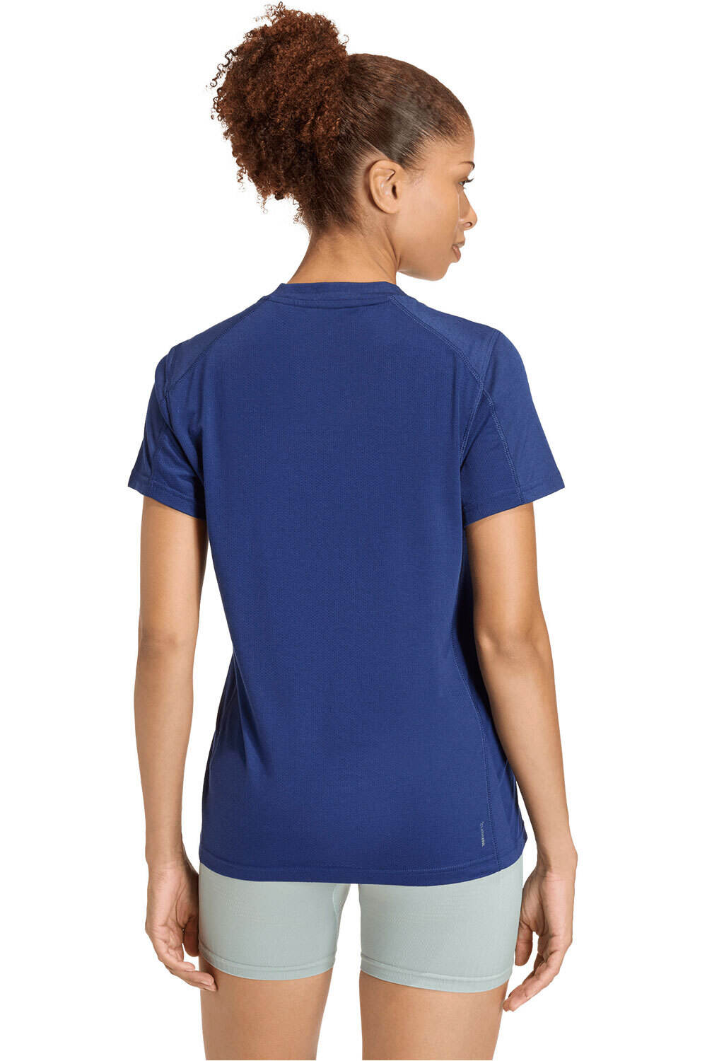 adidas camisetas fitness mujer WORKOUT ESSENTIALS BIG PERFORMANCE LOGO AZUL vista trasera