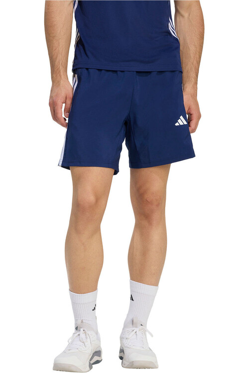 adidas pantalón corto fitness hombre WORKOUT ESSENTIALS BASE 3 STRIPES WOVEN AZUL