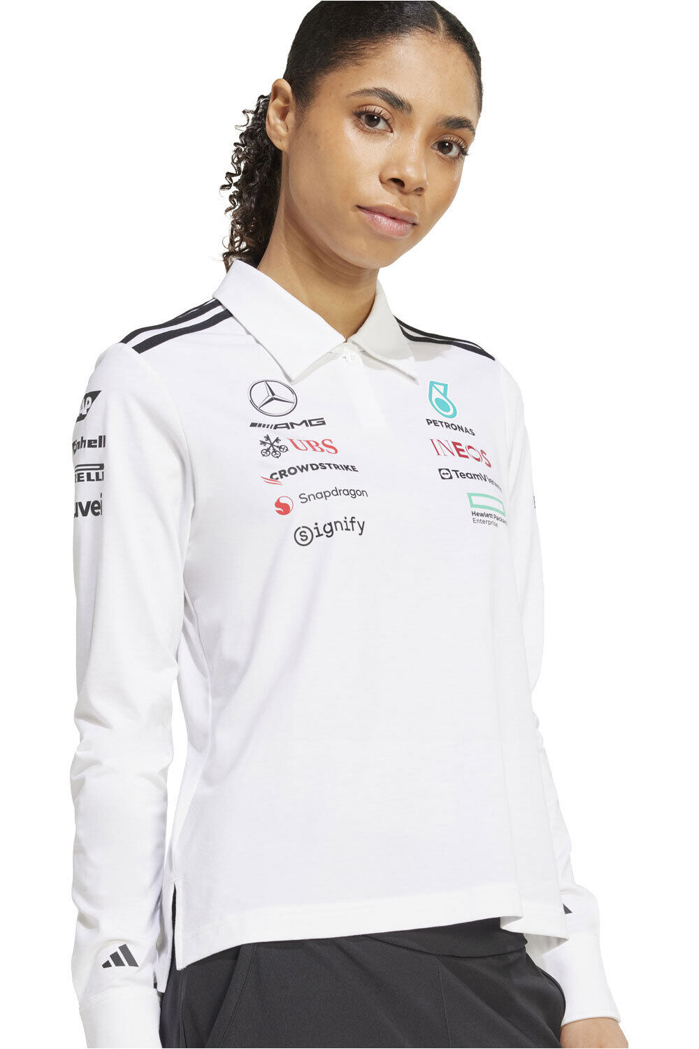 adidas polo manga larga mujer MERCEDES AMG PETRONAS F1 TEAM BLANCO vista detalle