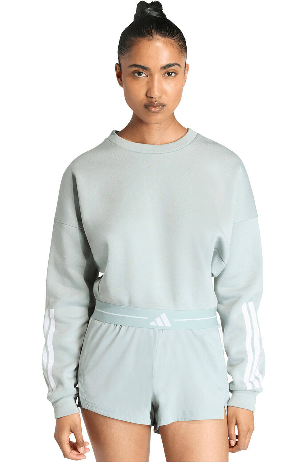 adidas sudaderas deportivas mujer HYPERGLAM 3-STRIPESPED CREW NECK AZUL vista frontal