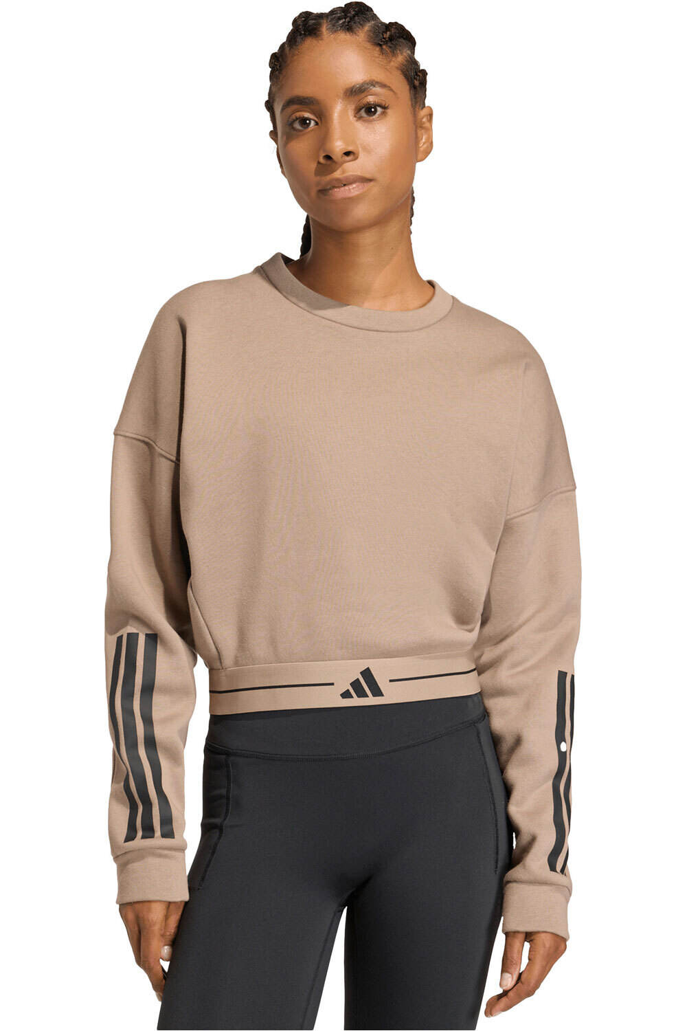 adidas sudaderas deportivas mujer HYPERGLAM 3-STRIPESPED CREW NECK MARRON vista frontal