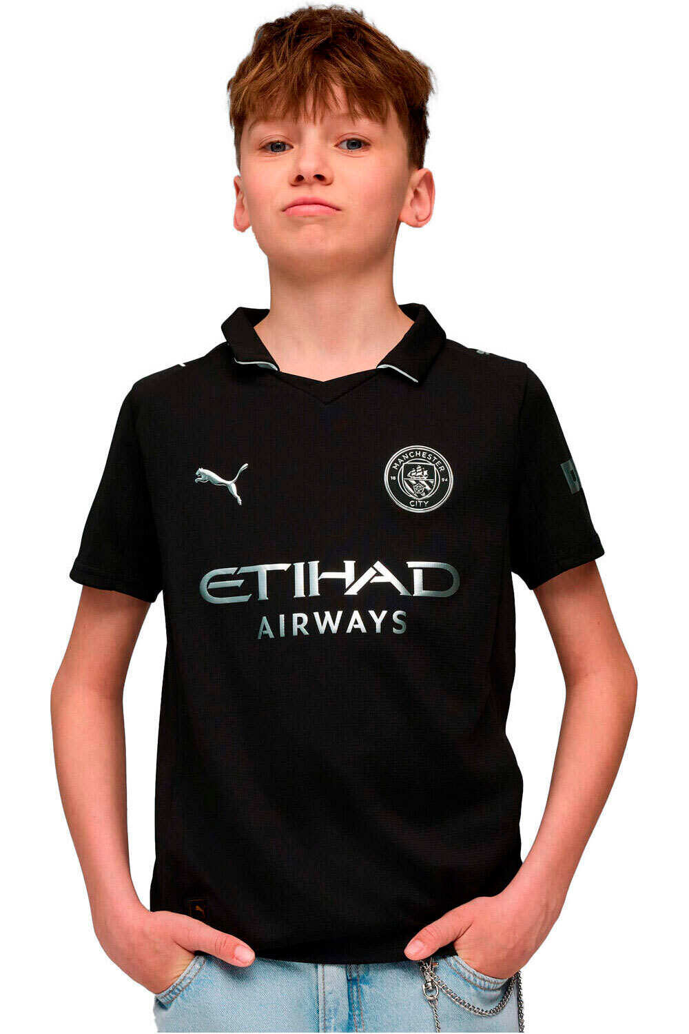 Puma camiseta de fútbol oficiales niño MANCHESTER CITY 25/26 SEGUNDA EQUIPACION NEGRO vista frontal