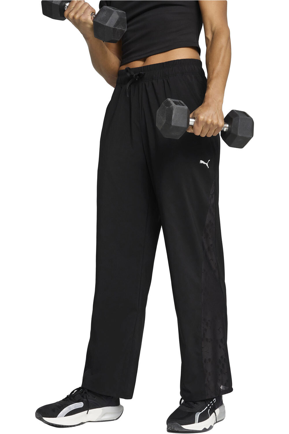 Puma pantalones y mallas largas fitness mujer LACE WOVEN NEGRO vista frontal