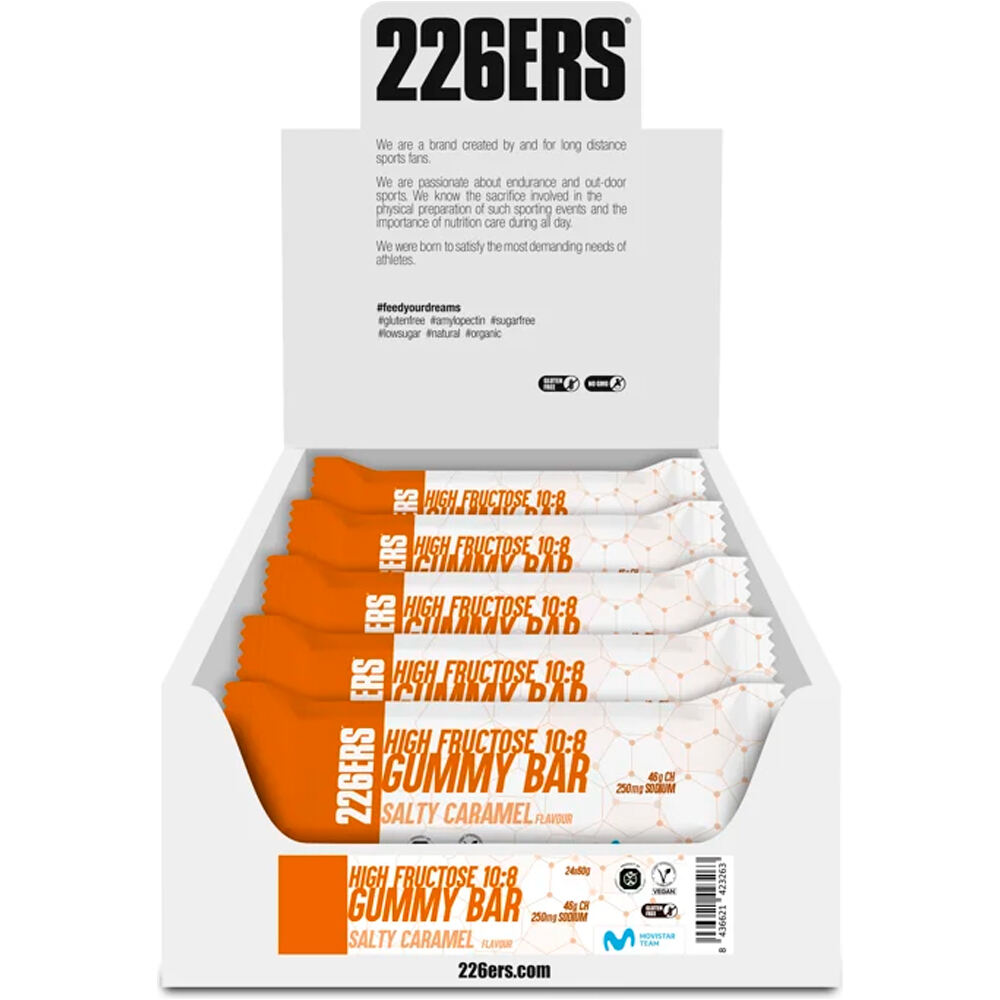226ers barritas energéticas CAJA HIGH FRUCTOSE GUMMY BAR 60g SALTY 250mg CARAMEL vista frontal