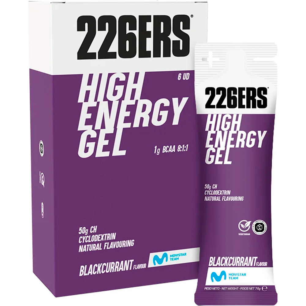 226ers energía instantánea HIGH ENERGY GEL Pack 6x76g BCAA BLACKCURRANT vista frontal
