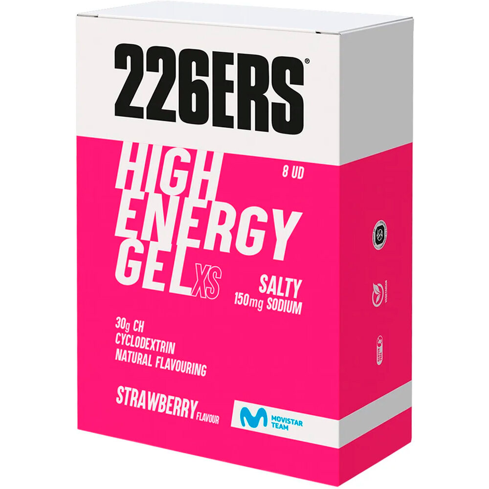 226ers energía instantánea HIGH ENERGY GEL Pack 8x45g SALTY 150mg STRAWBERRY vista frontal