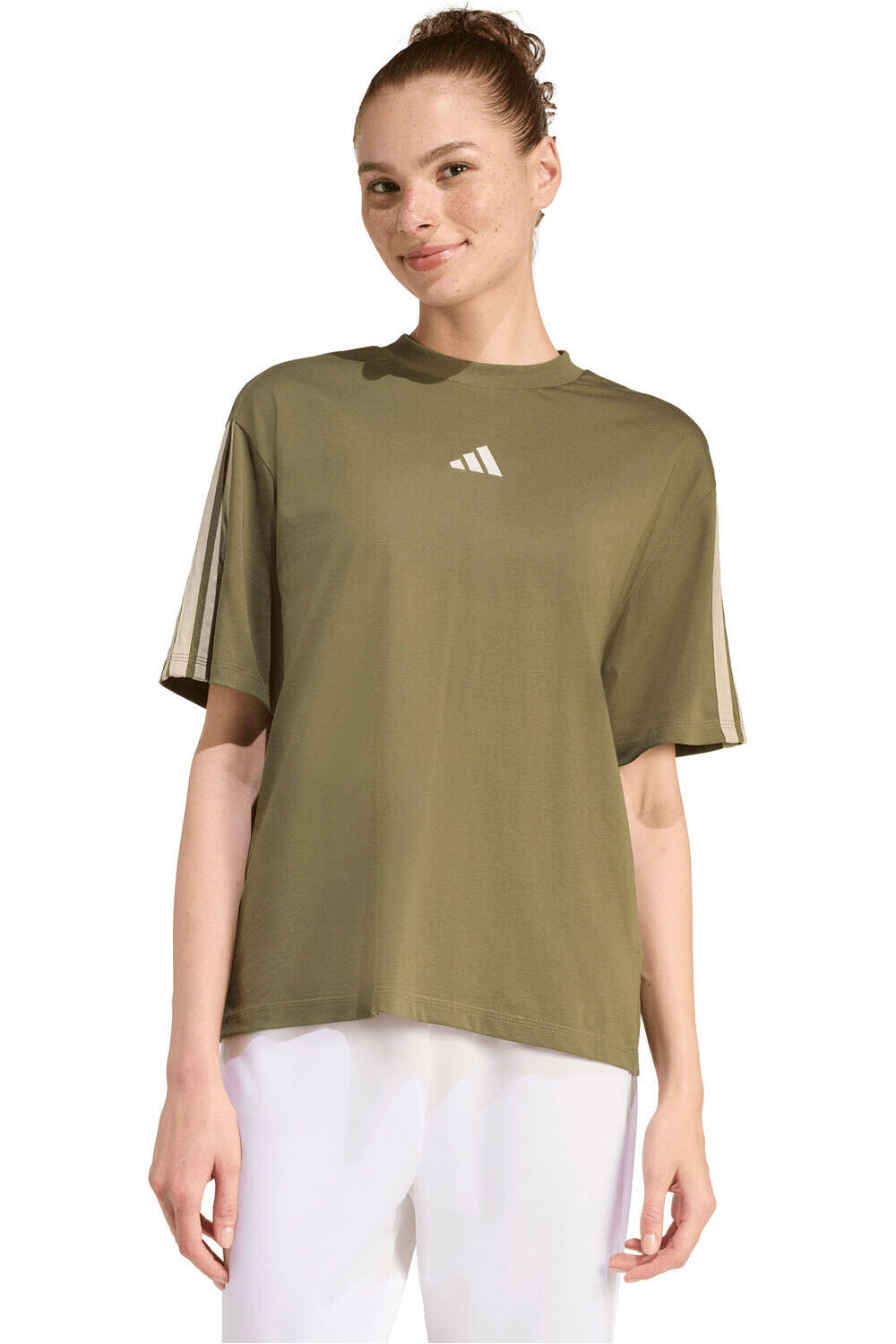 adidas camiseta manga corta mujer ESSENTIALS BOYFRIEND 3 BANDAS vista frontal