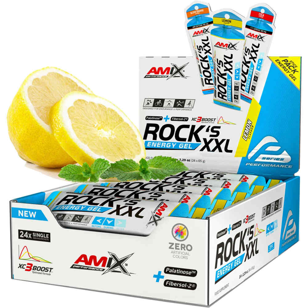 Amix Performance energía instantánea ROCKS GEL XXL SIN CAF. 24*65 GR Limon vista frontal
