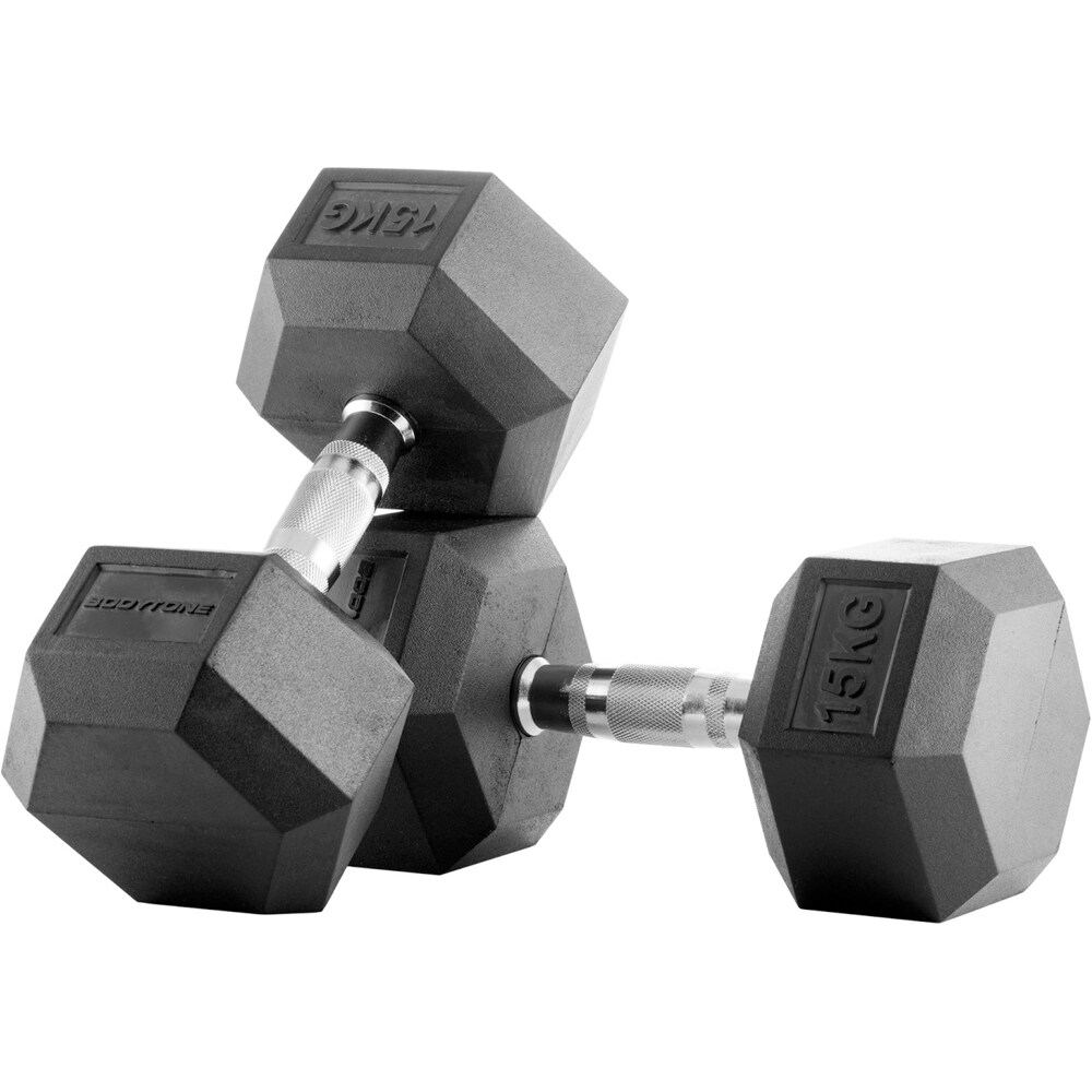 Bodytone mancuernas Mancuernas de goma hexagonales 15 kg vista frontal