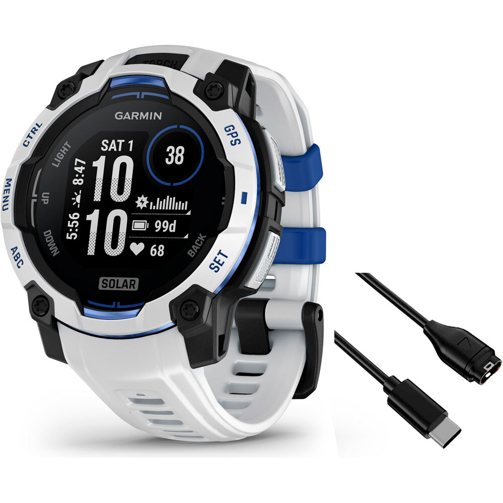 Garmin pulsómetros con gps Instinct 3  45 mm, Solar, Supernova Blanco correa blanca vista frontal