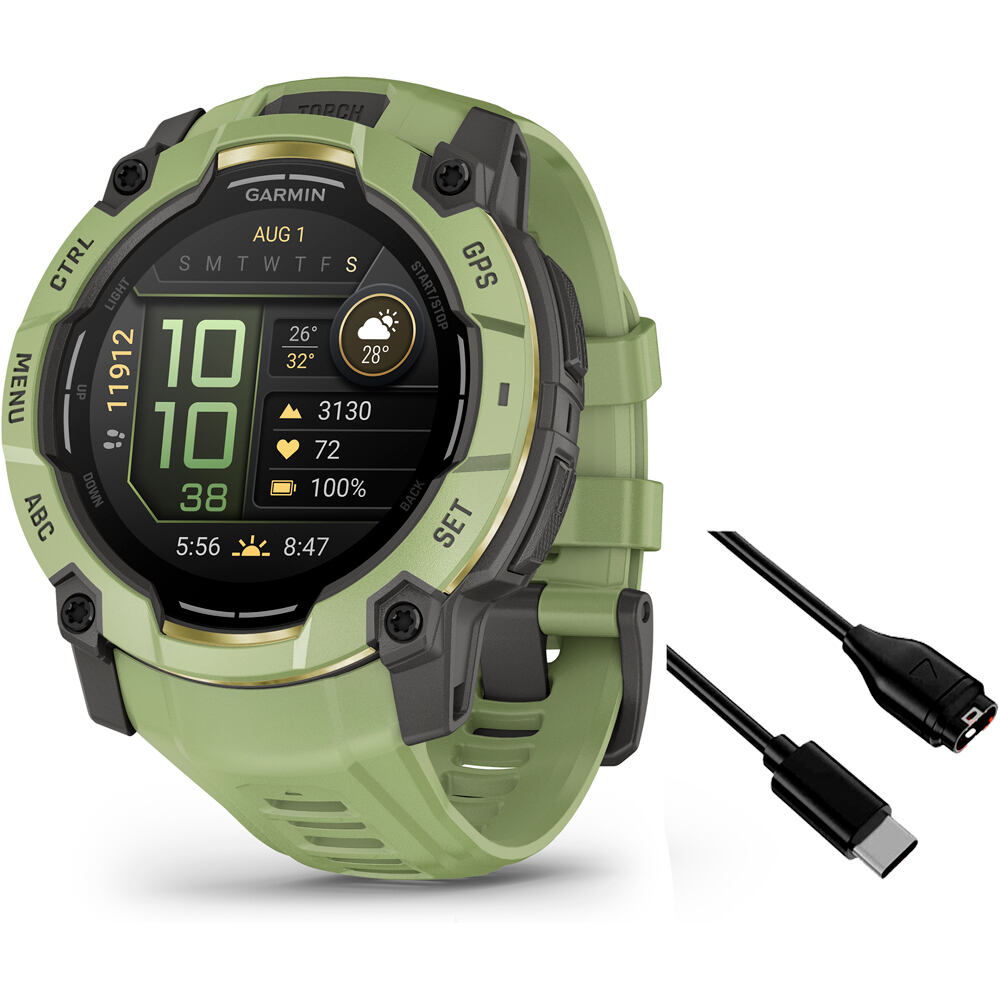 Garmin pulsómetros con gps Instinct 3 50 mm, AMOLED Verde con correa de silicona verde vista frontal
