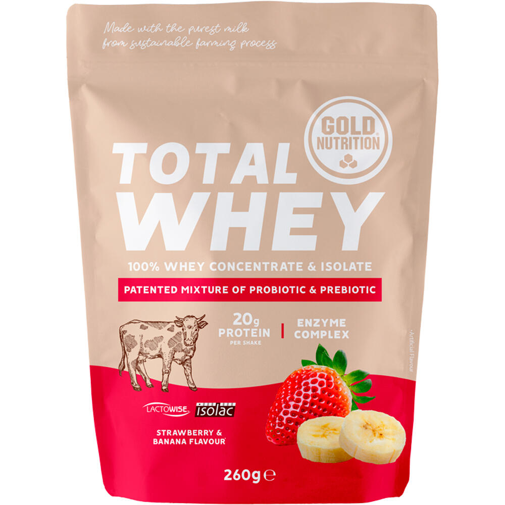 Gold Nutrition Proteinas Aislado Suero/Whey TOTAL WHEY FRESA-PLTANO - 260 G vista frontal