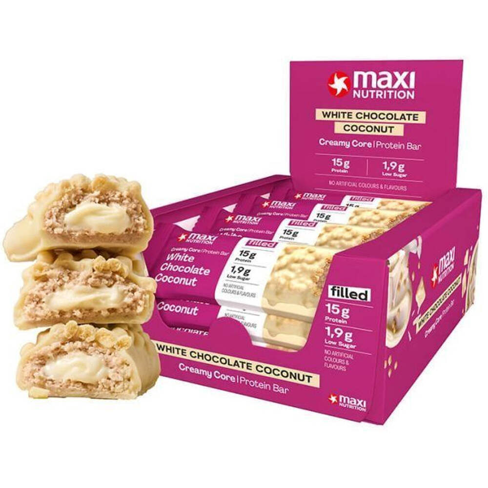 Maxi Nutrition barritas energéticas Creamy Core Bars White Chocolate Coconut vista frontal