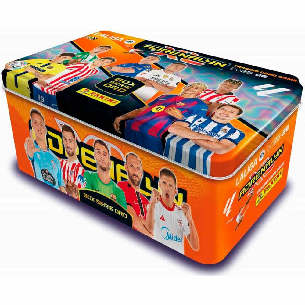 Panini colecciona d.equipo Tin Box serie Oro Adrenalyn 2025/2026 vista frontal