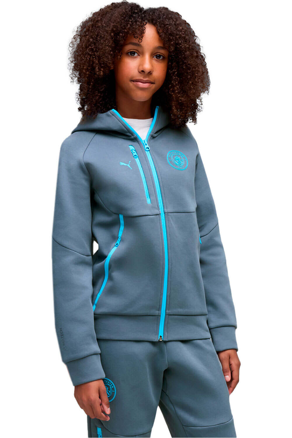 Puma sudadera entrenamiento fútbol niño MCFC PUMATECH FZ Hoo vista frontal