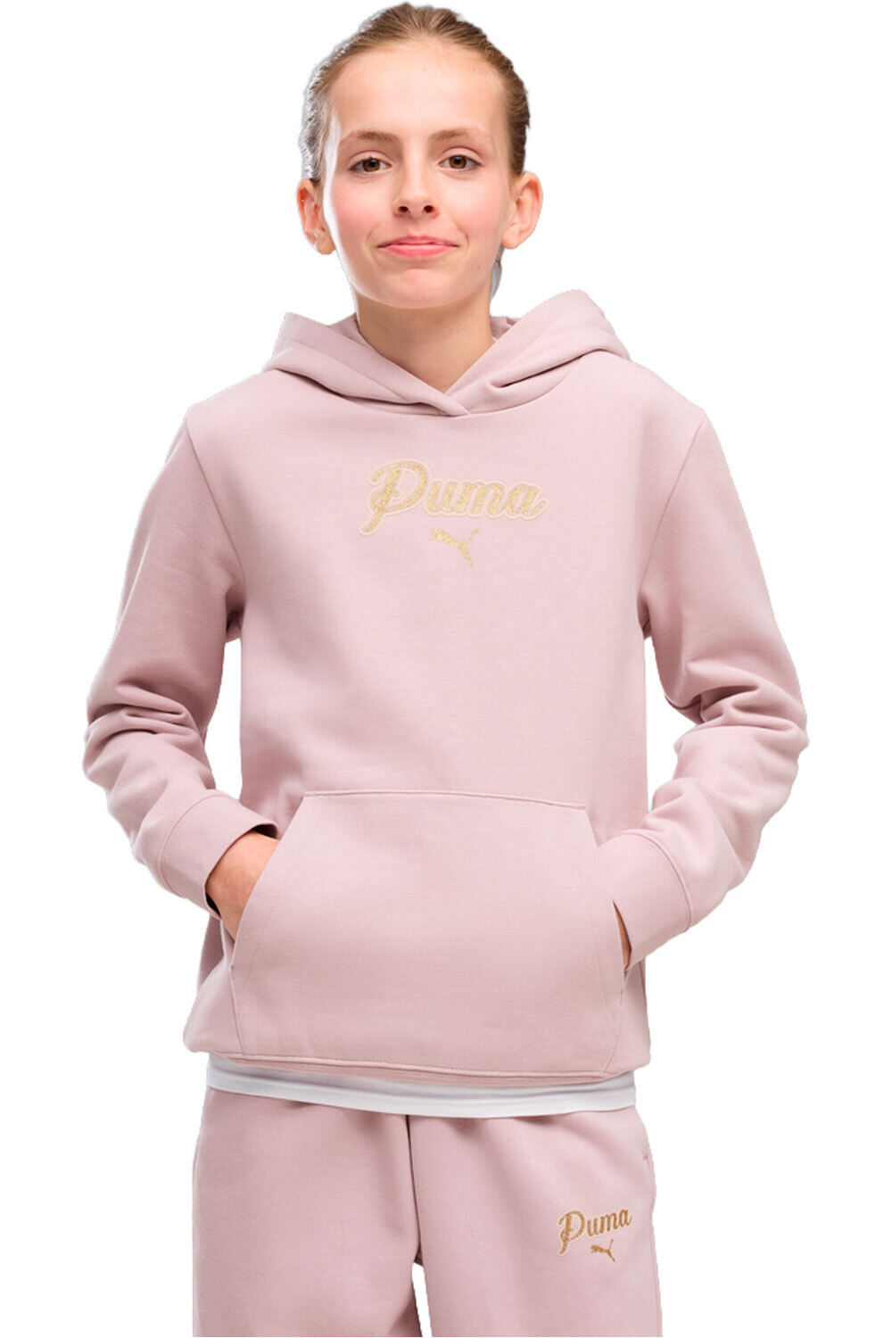 Puma sudadera niña ESS SCRIPT Glitter H vista frontal