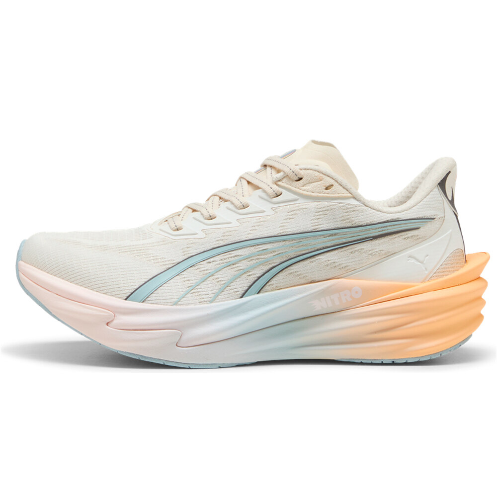 Puma zapatilla running mujer DEVIATE NITRO BEIGE lateral exterior