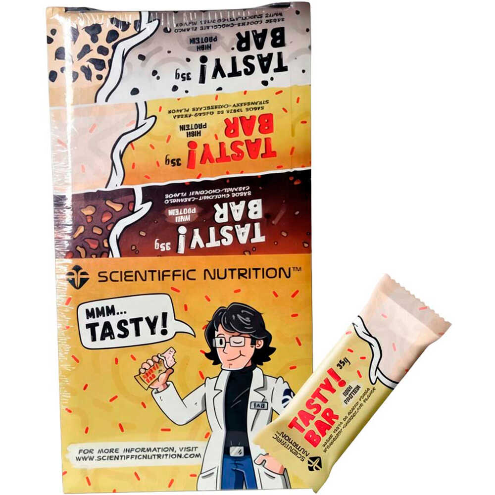 Scientiffic Nutrition barritas energéticas CAJA Tasty Bar 35g Tarta de Queso Fresa 24uds vista frontal