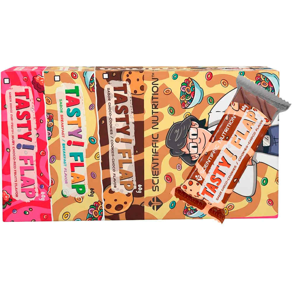 Scientiffic Nutrition barritas energéticas CAJA Tasty Flap 60g Choco Cookies 24uds vista frontal