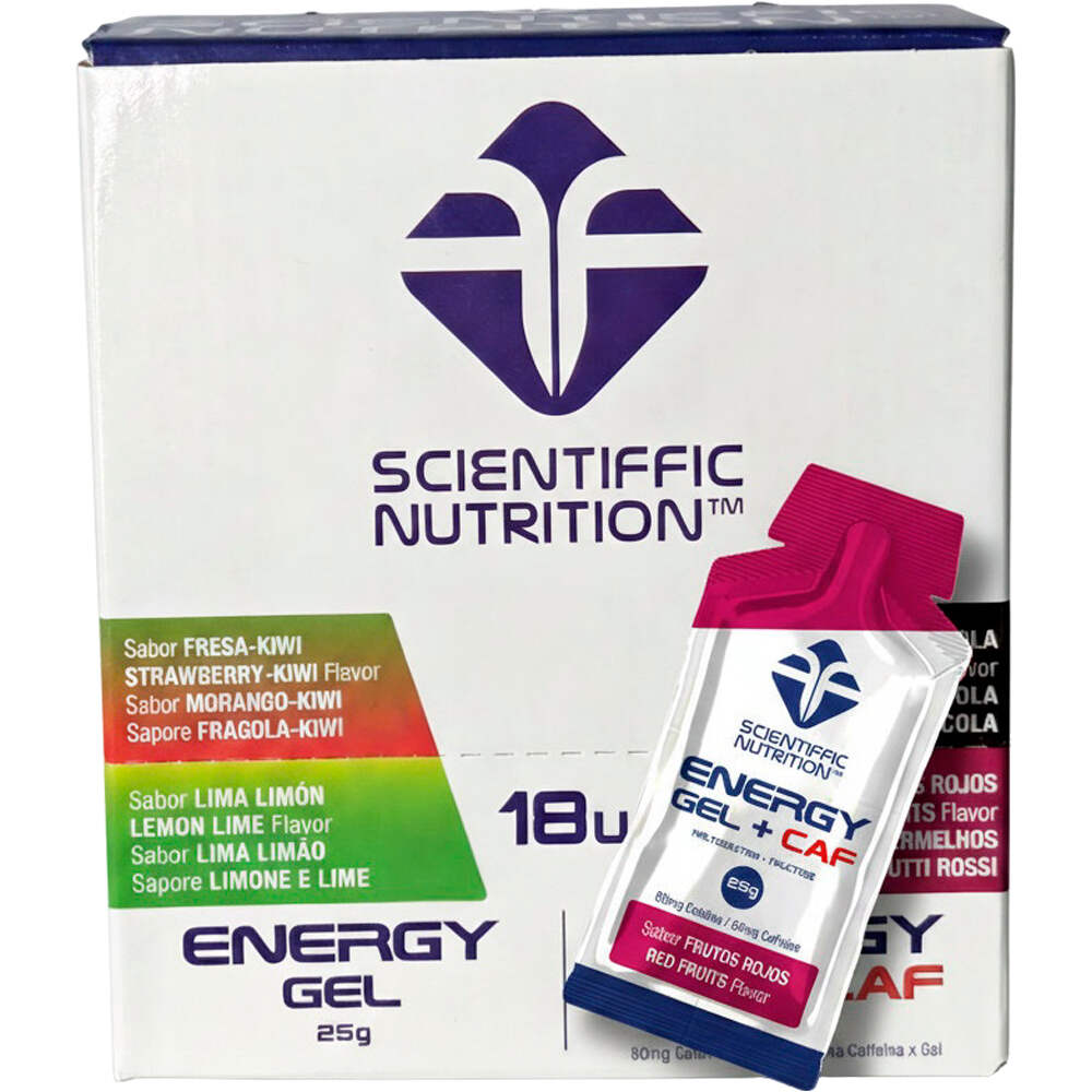 Scientiffic Nutrition energía instantánea CAJA Gel Energy 25g +CAF Frutos Rojos 18 uds vista frontal