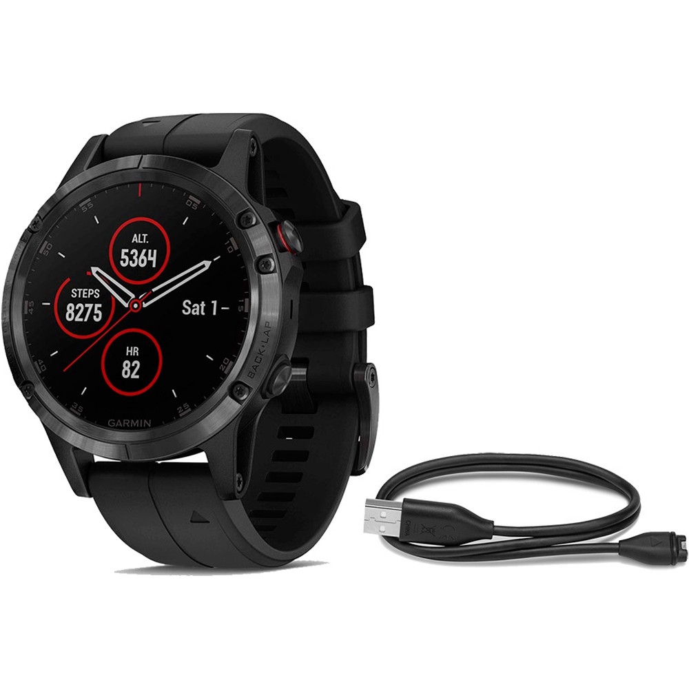 Garmin pulsómetros con gps FENIX 5 PLUS ZAFIRO NEGRO CORREA NEGRA vista frontal