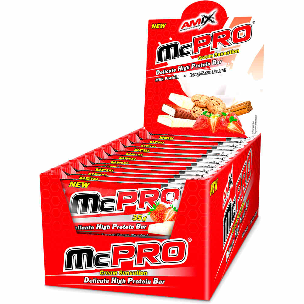 Amix Nutrition barritas energéticas CAJA McPRO PROTEIN BAR 24*35GR Fresa-yog vista frontal