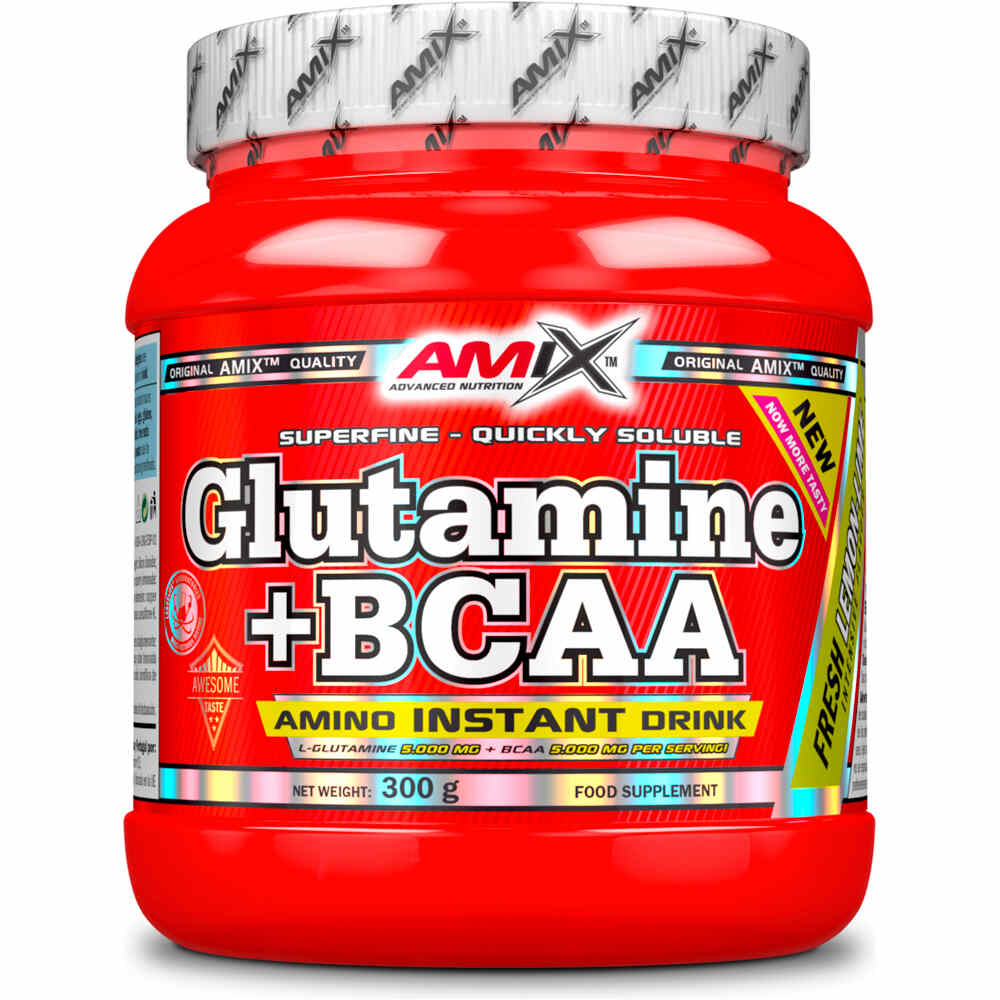Amix Nutrition Aminoacidos GLUTAMINE+BCAA 300 GR Lima-limn vista frontal