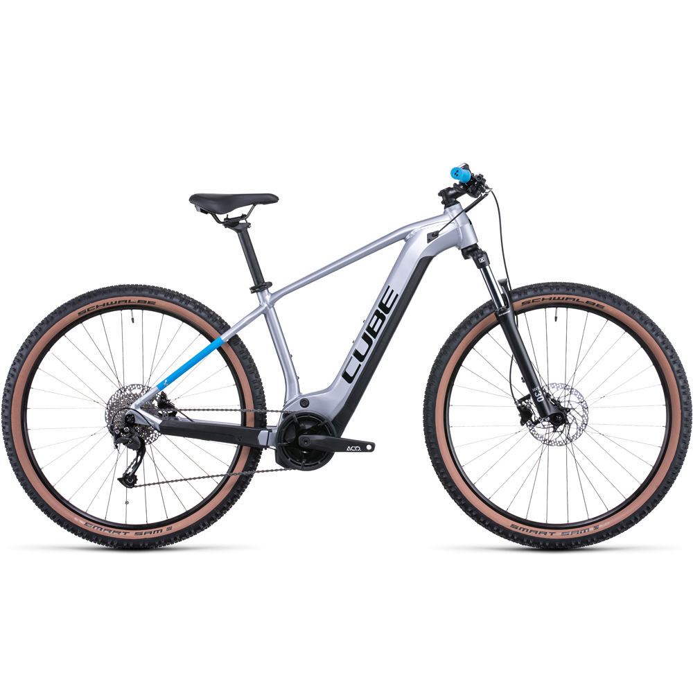 Cube BICICLETA ELÉCTRICA MONTAÑA REACTION HYBRID PERF. 625 SILVER BLUE 22 vista frontal