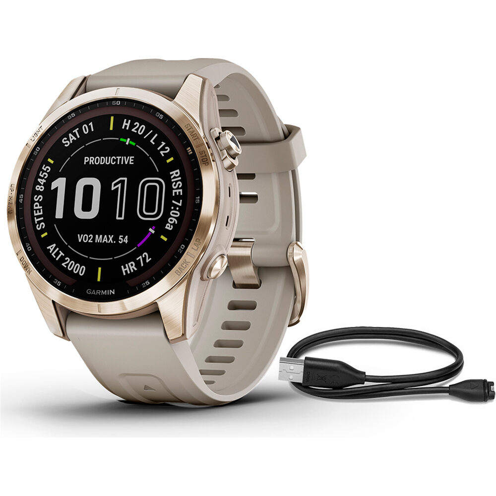 Garmin pulsómetros con gps FENIX 7S Sapphire Cream Gold Ti Light Sa vista frontal