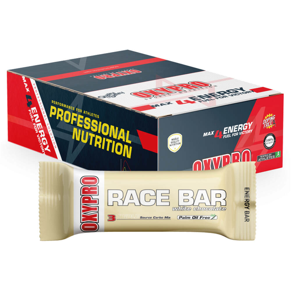 Oxypro barritas energéticas RACE ENERGY BAR CHOCOLATE BLANCO 12 UNID vista frontal