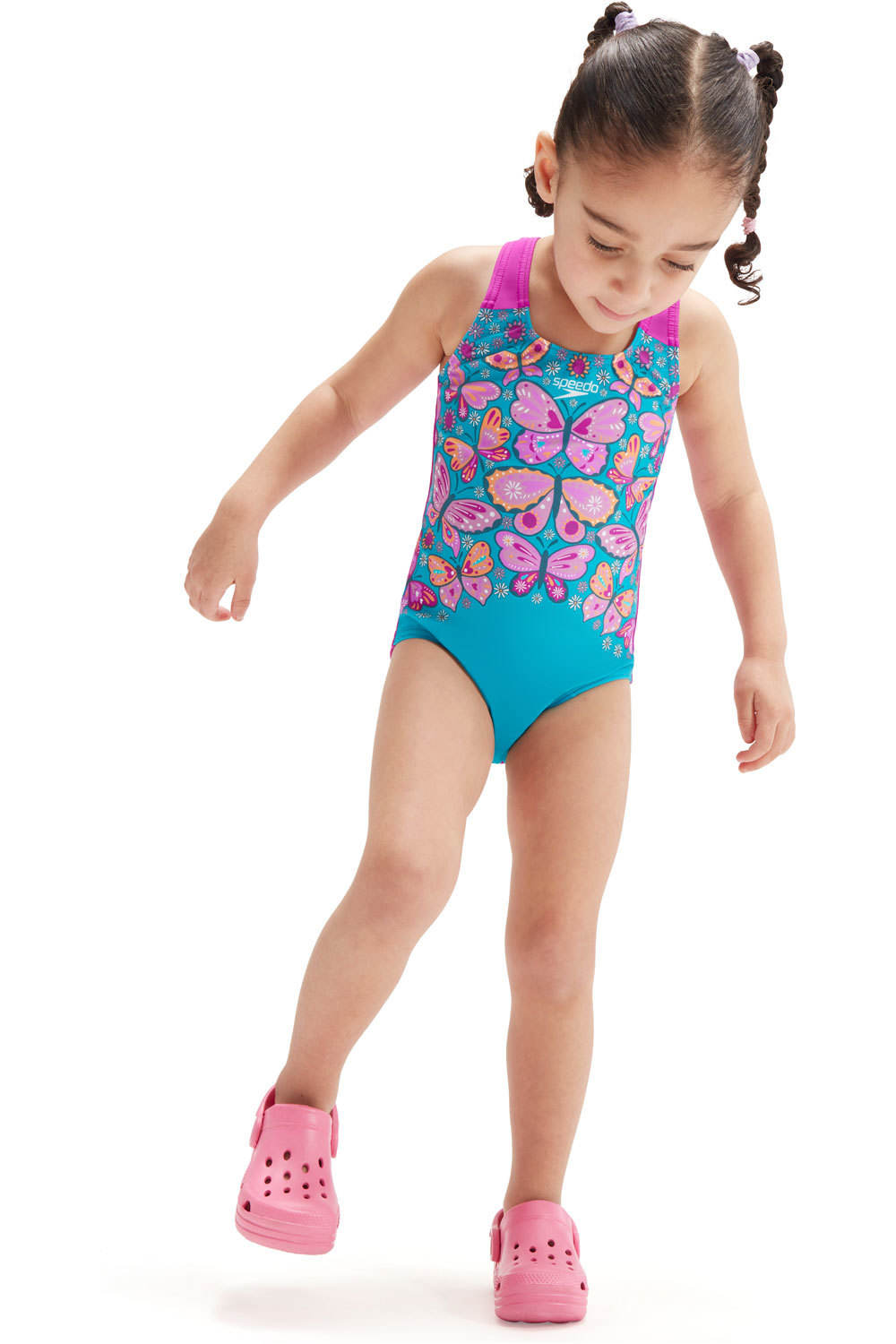 Girls digital printed bañador natación bebe Rosa (6-9)