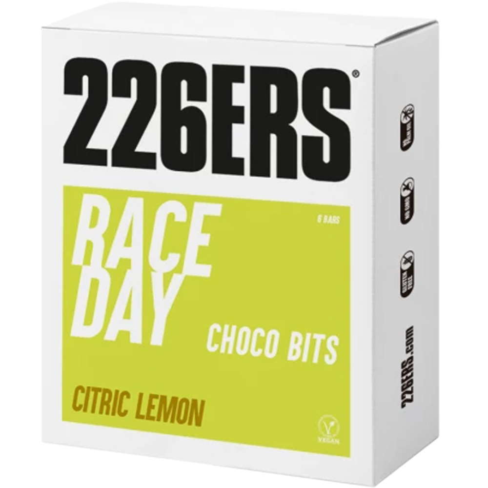 226ers barritas energéticas BOX RACE DAY BAR CHOCO BITS 40g LEMON vista frontal