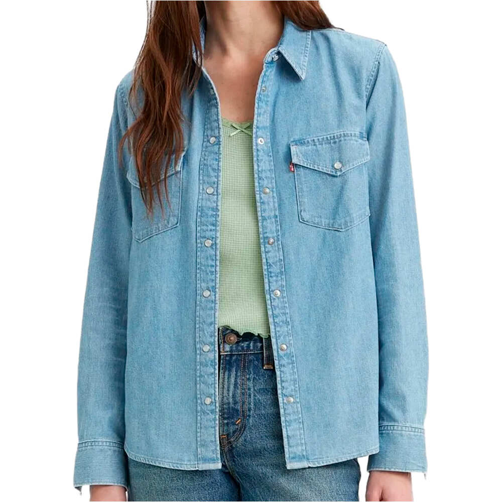 Iconic western light indigo camisa manga larga mujer